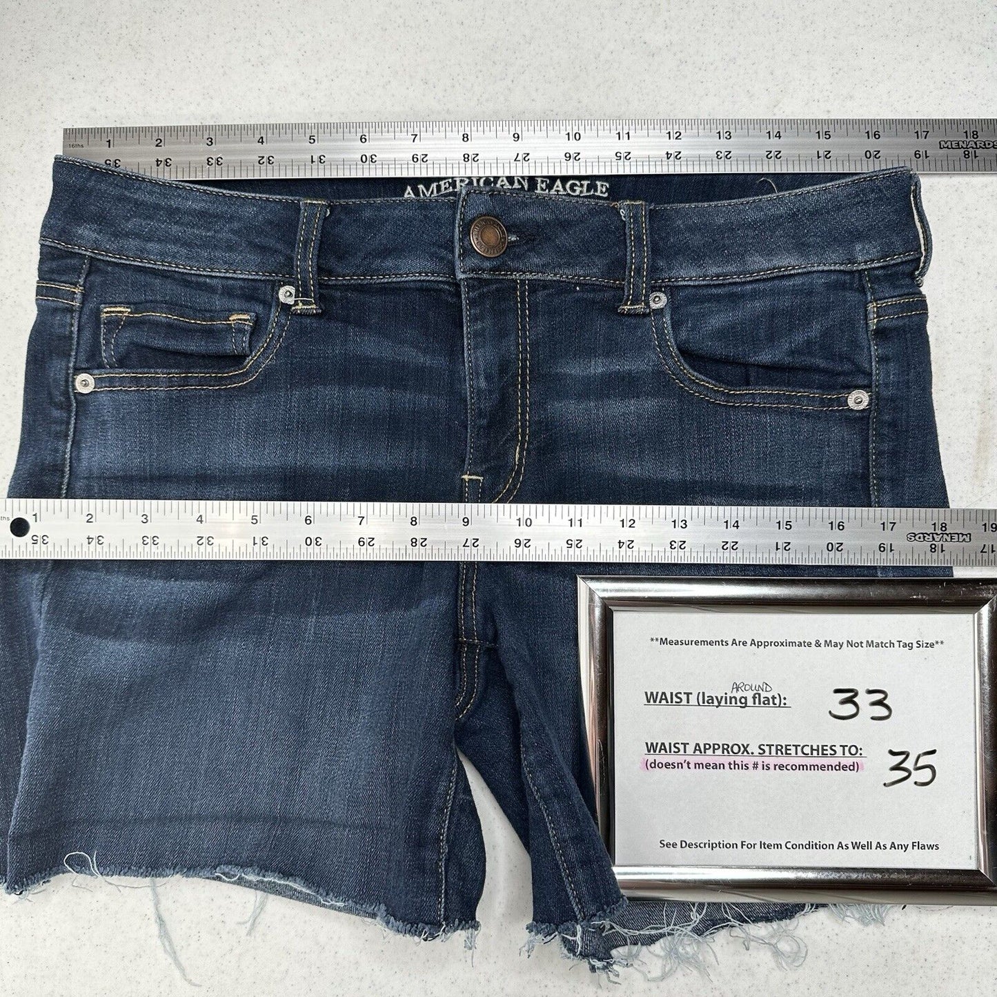 American Eagle Shorts Womens 14 Midi Blue Jean Denim Super Stretch Distress Fray