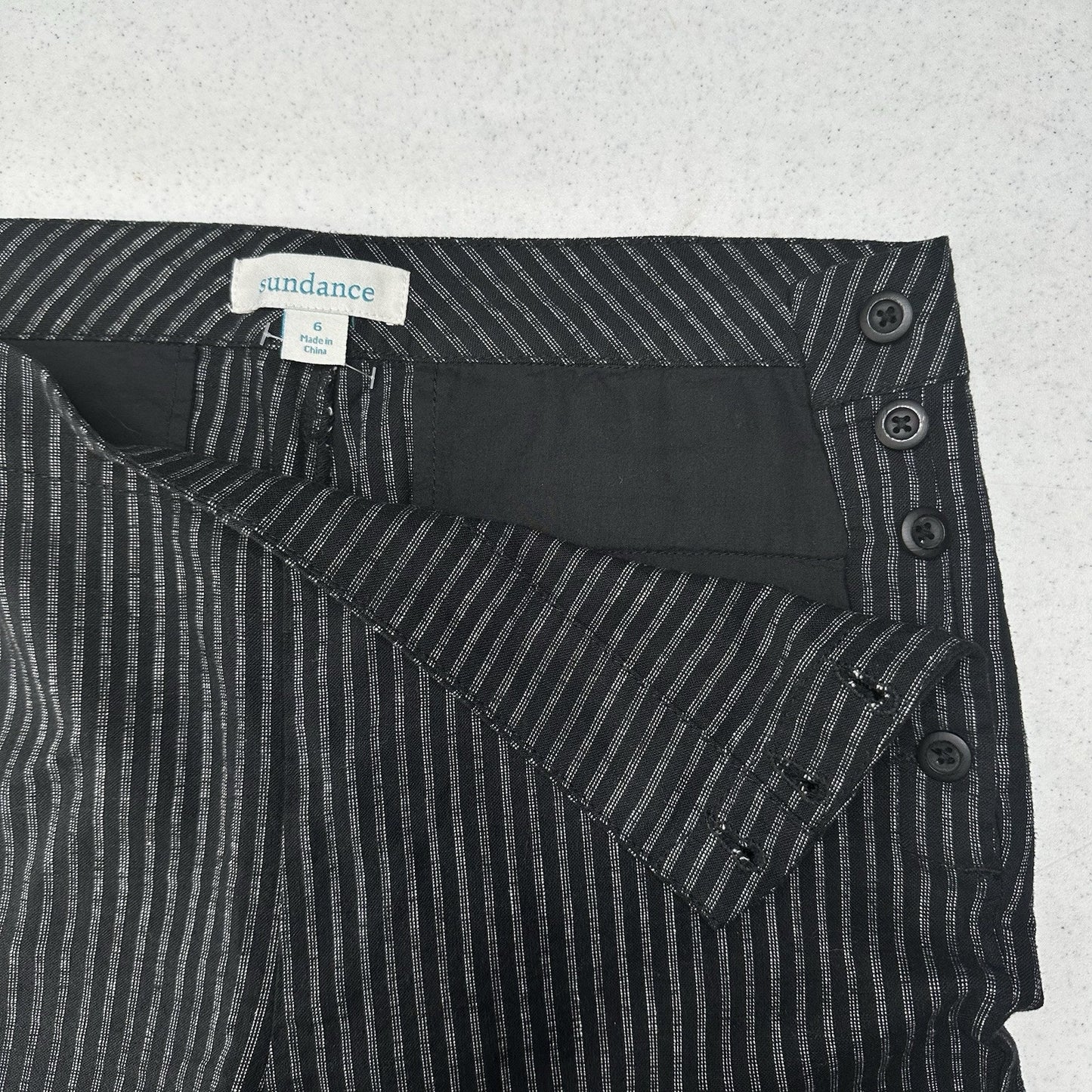 Sundance Pants Womens 6 Black Pinstripe Linen Cotton Coastal Contemporary