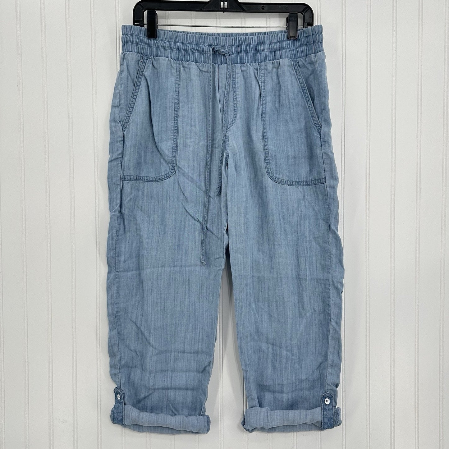 Cloth Stone Pants Medium Chambray Lyocell Tencel Ankle Crop Blue Roll Up Coastal