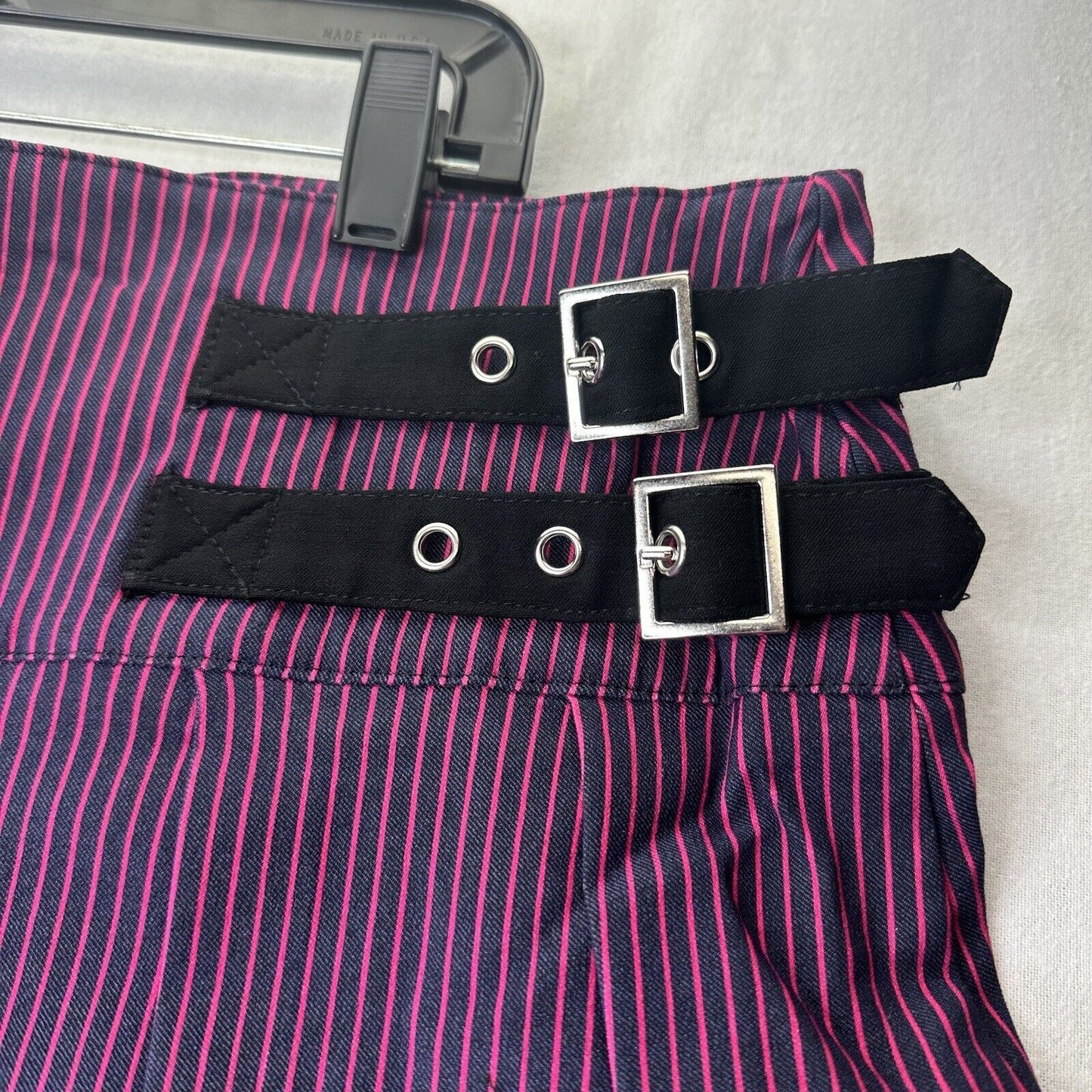 Dolls Kill Current Mood Skirt 2X Pink Blue Stripe Mini Pleated Buckles Goth NEW