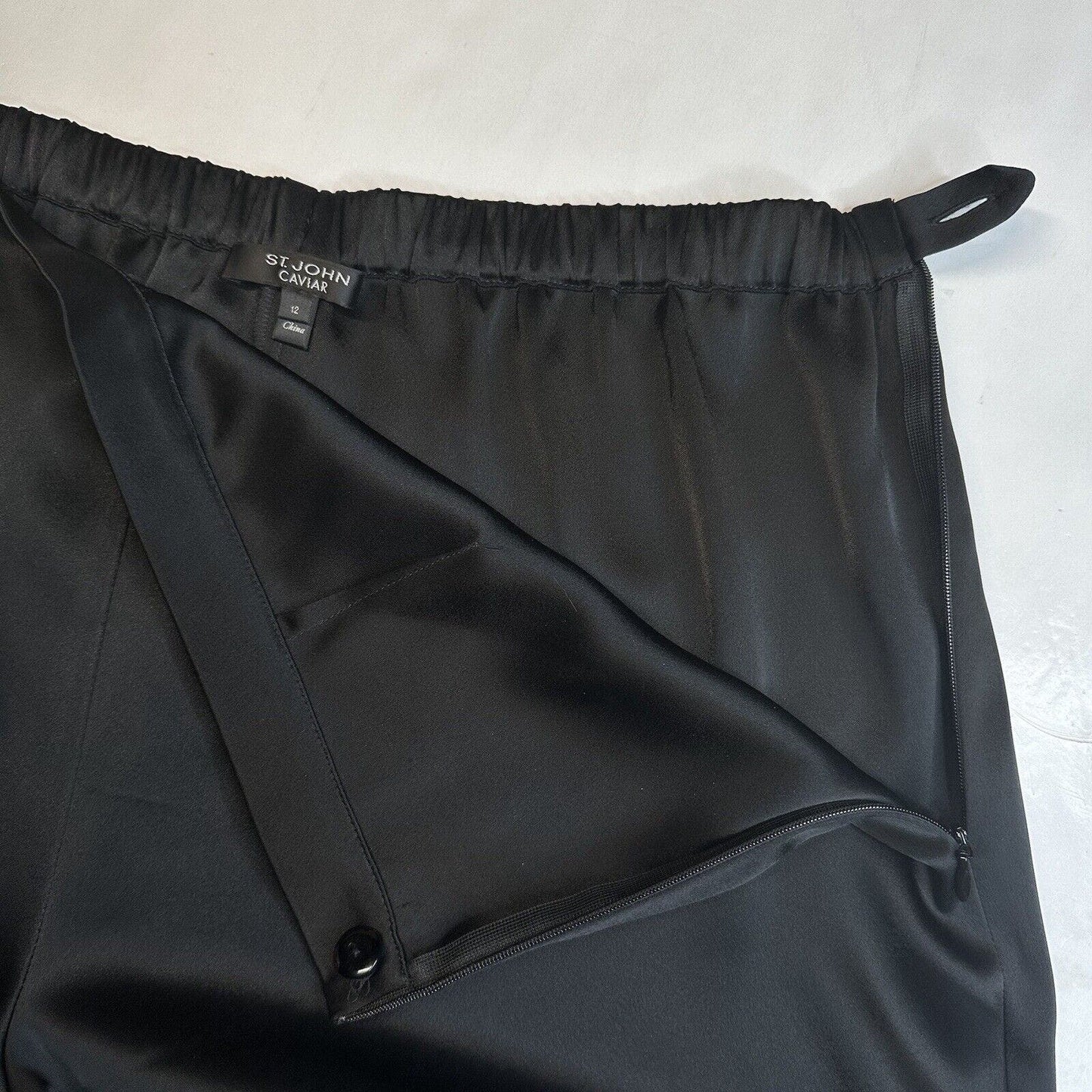 St John Pants Women 12 Caviar Kate Satin Wide Leg Black High Rise Side Zip Dress