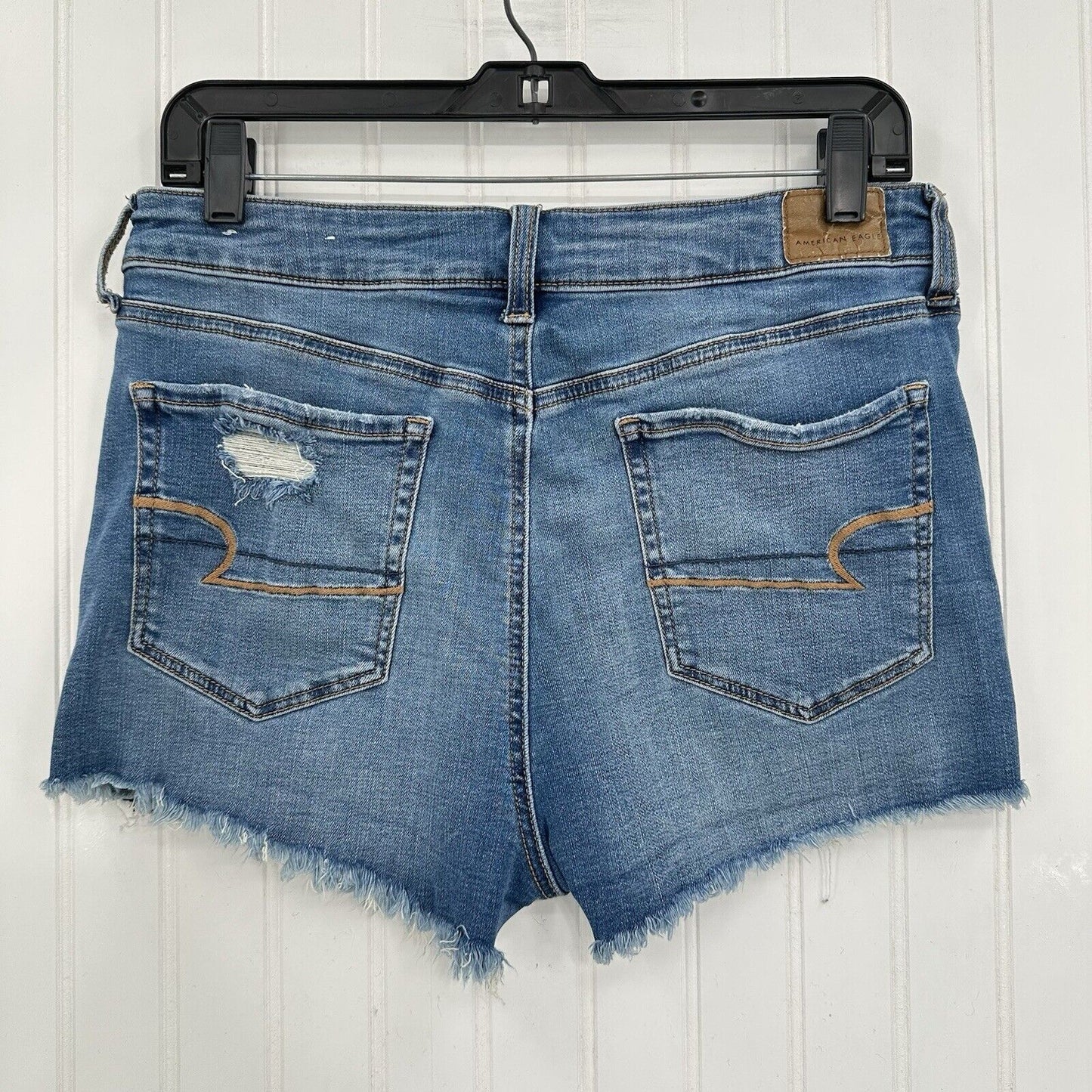 American Eagle Shorts 12 Hi Rise Shortie Stretch Blue Denim Distress Button Fly