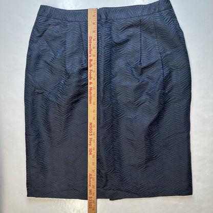 Lafayette 148 Skirt Women 12 Navy Blue Pencil Knee Length Back Slit Acetate/Silk