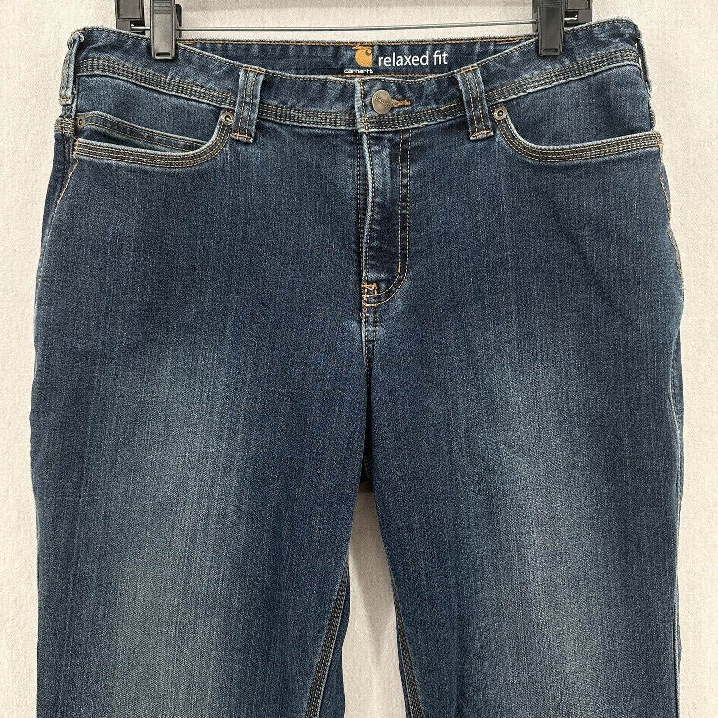 Carhartt Flannel Lined Jeans Women 12 Relaxed Fit Straight Blue Denim Plaid Work
