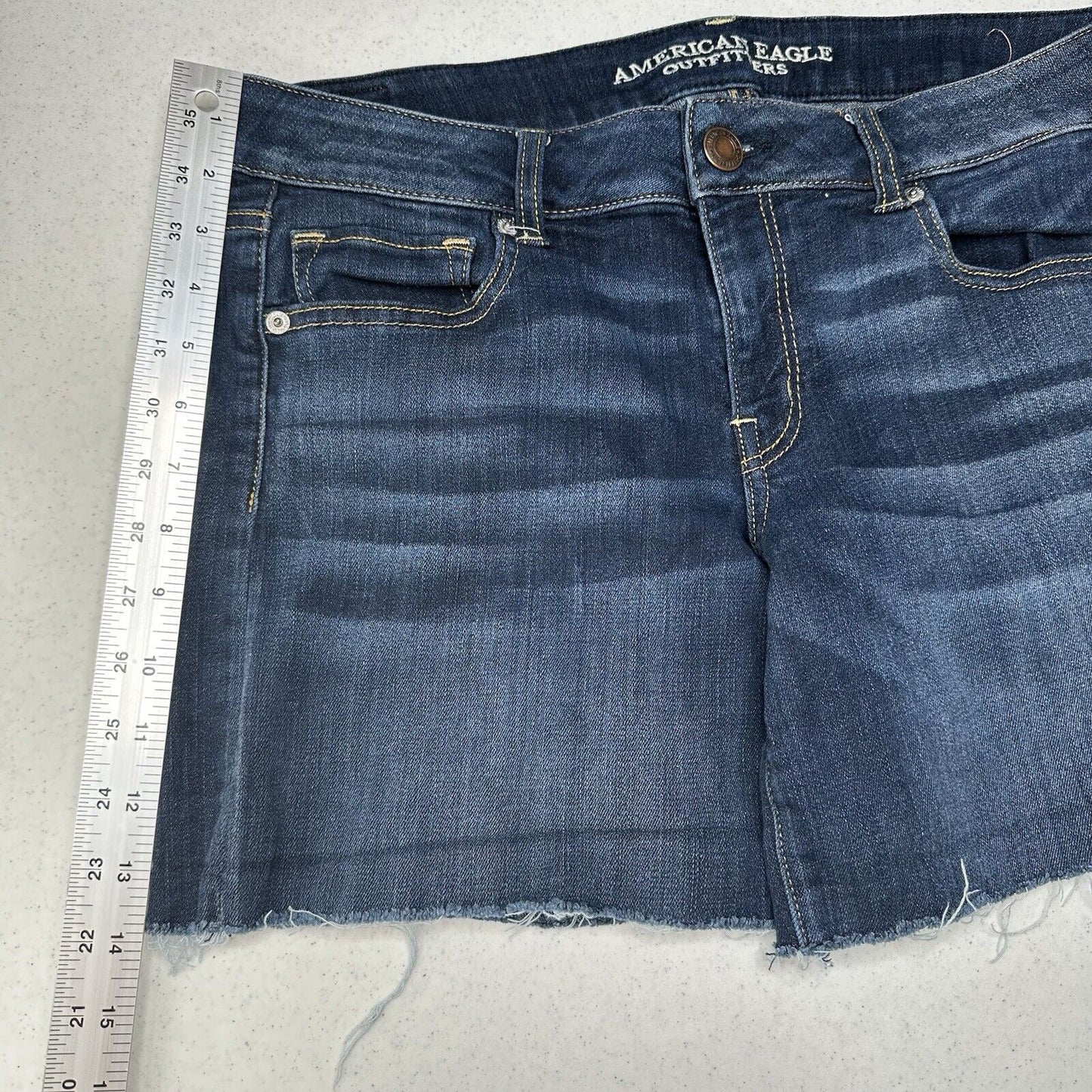 American Eagle Shorts Womens 14 Midi Blue Jean Denim Super Stretch Distress Fray