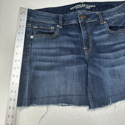 American Eagle Shorts Womens 14 Midi Blue Jean Denim Super Stretch Distress Fray