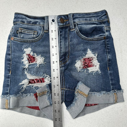 Judy Blue Shorts Womens XS Cuffed Blue Jean Denim Distressed Bandana Print *Flaw