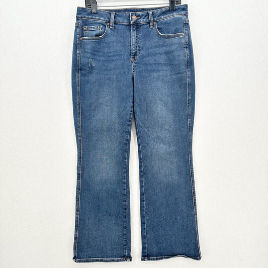 Chicos Jeans 1.5 Petite US 10 Define Me Flare Blue Denim Distress Western Cowboy