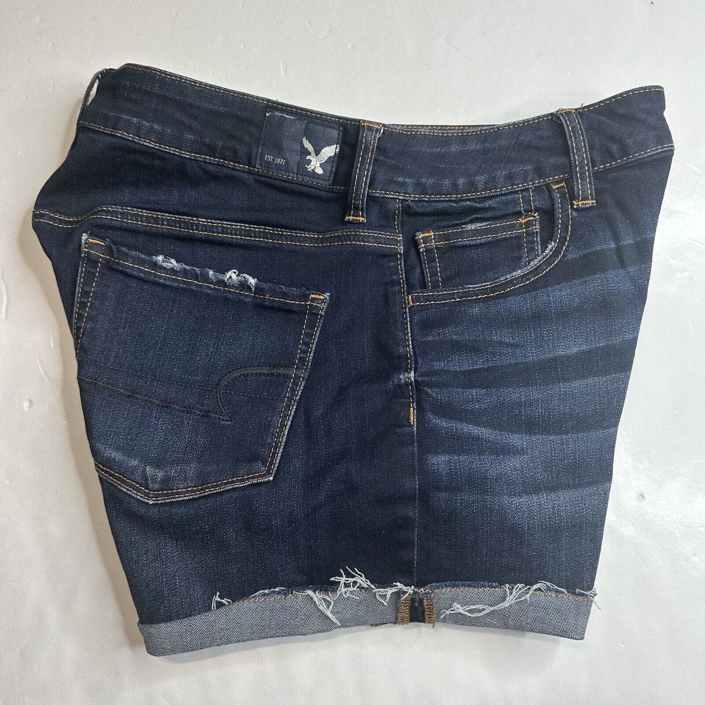American Eagle Hi Rise Shortie 10 Super Stretch Dark Blue Jean Denim Short Fray