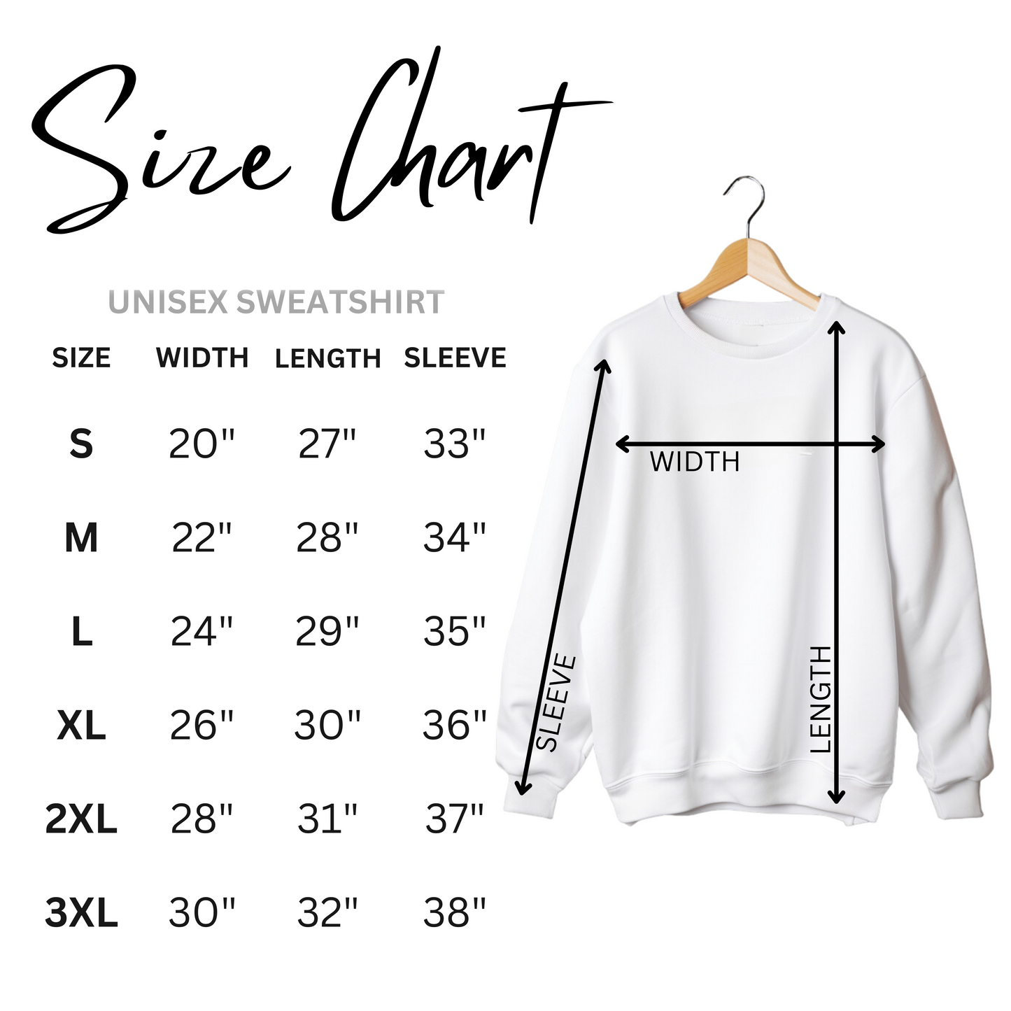 Size chart for a unisex sweatshirt with measurements on a white background