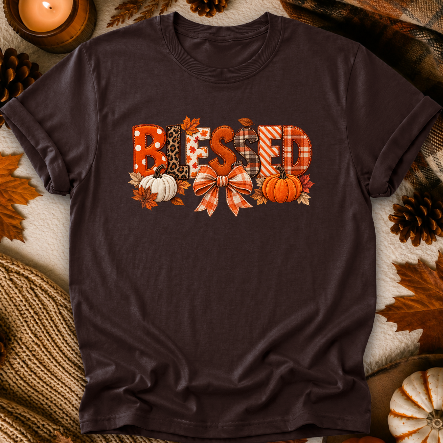 A dark brown short-sleeve t-shirt with a 'Blessed' autumn graphic, laid flat on a cozy background of faux fur, pinecones, leaves, and a candle.