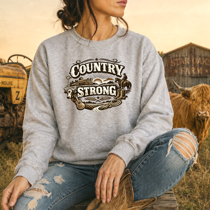 graphic country design on a light gray sweatshirt on a woman sitting on a wooden crate at a farm with a cow