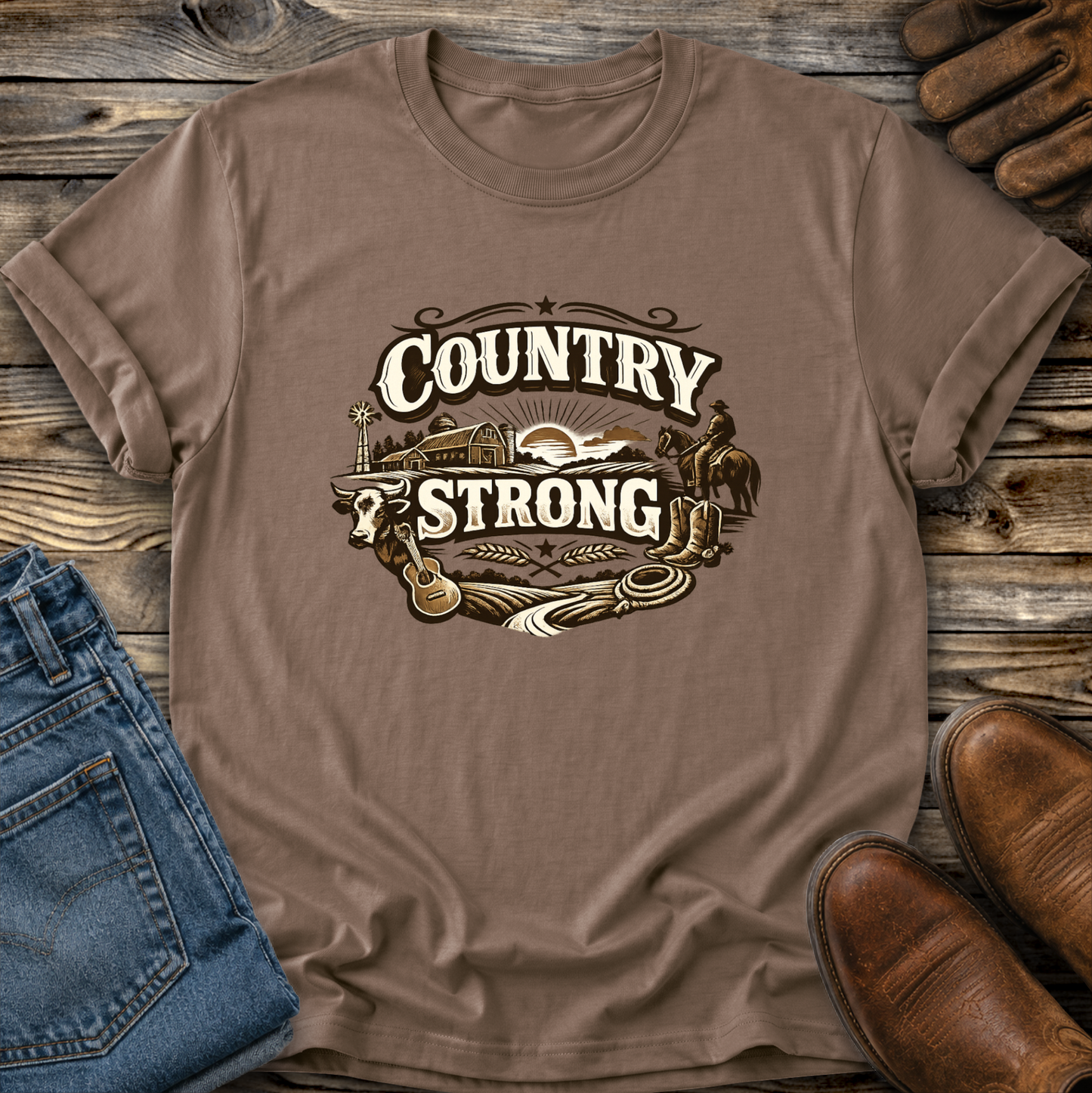 graphic country design on brown tshirt