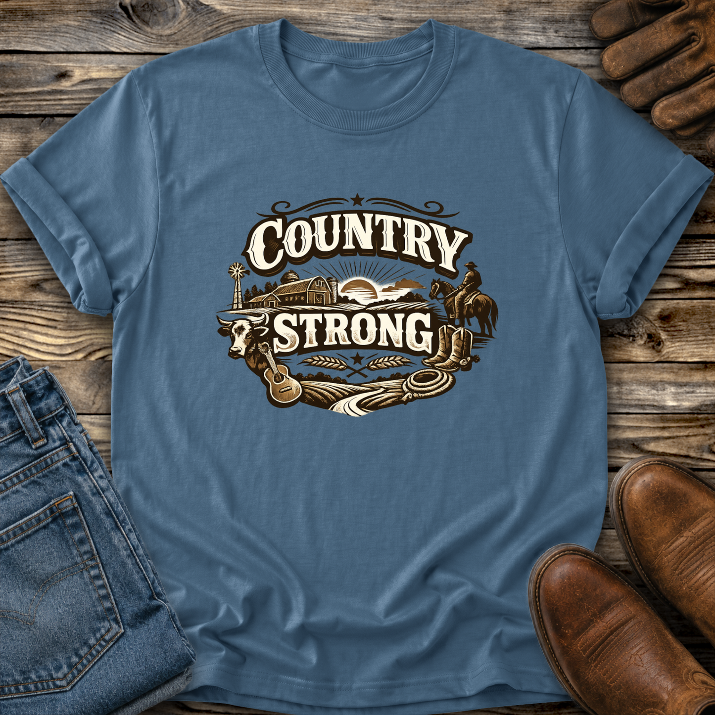 graphic country design on blue tshirt