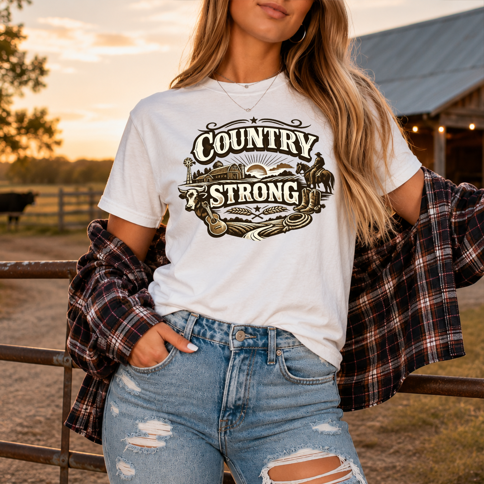 graphic country design on white tshirt on a woman leaning on a fence