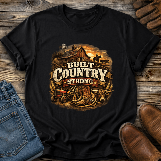 black tshirt with a country western farm scene graphic that says built country strong on it