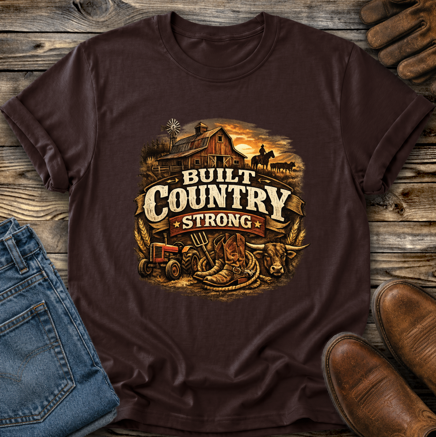 brown tshirt with a country western farm scene graphic that says built country strong on it