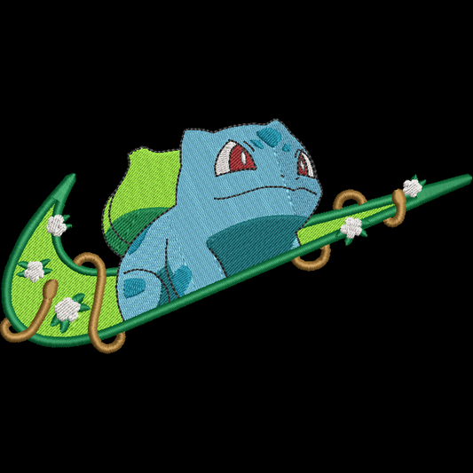 black background with an embroidered pokemon bulbasaur character on a swoosh