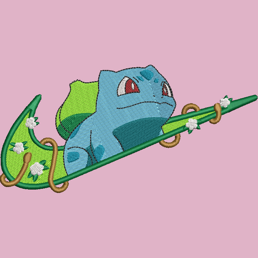 pink background with an embroidered pokemon bulbasaur character on a swoosh
