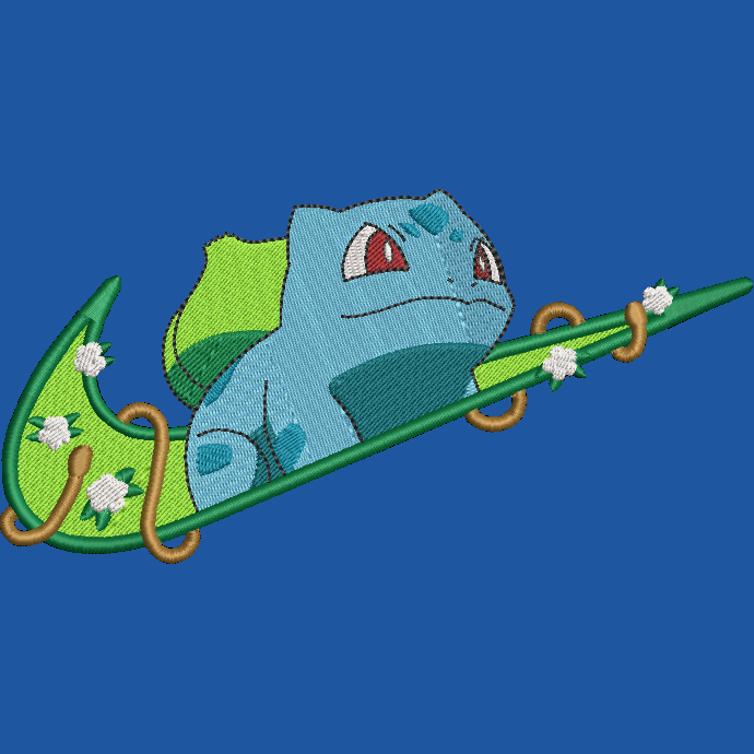 blue background with an embroidered pokemon bulbasaur character on a swoosh