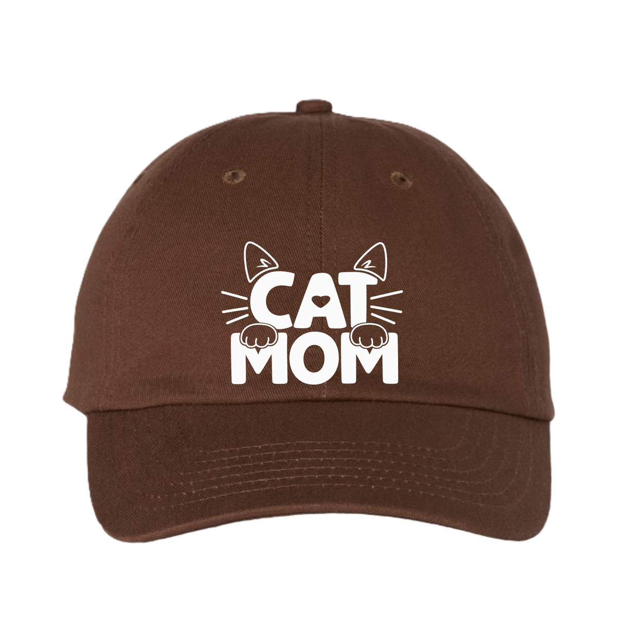 A brown baseball cap featuring a white graphic print on the front that reads 'CAT MOM' with cat ears, whiskers, and paws, shown against a plain white background.