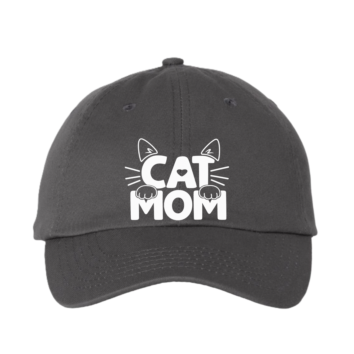 A dark gray dad hat baseball cap featuring a white graphic on the front that reads 'CAT MOM' with cat ears, whiskers, and paws.