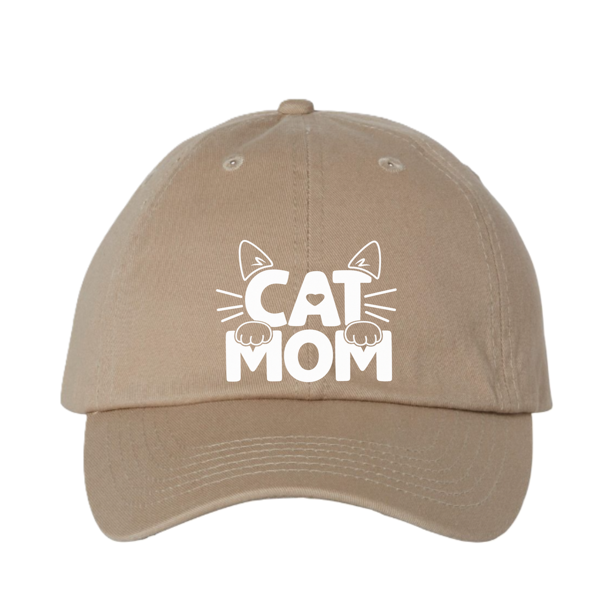 A beige baseball cap with a white graphic on the front that reads 'CAT MOM' with cat ears and paws, shown against a plain white background.