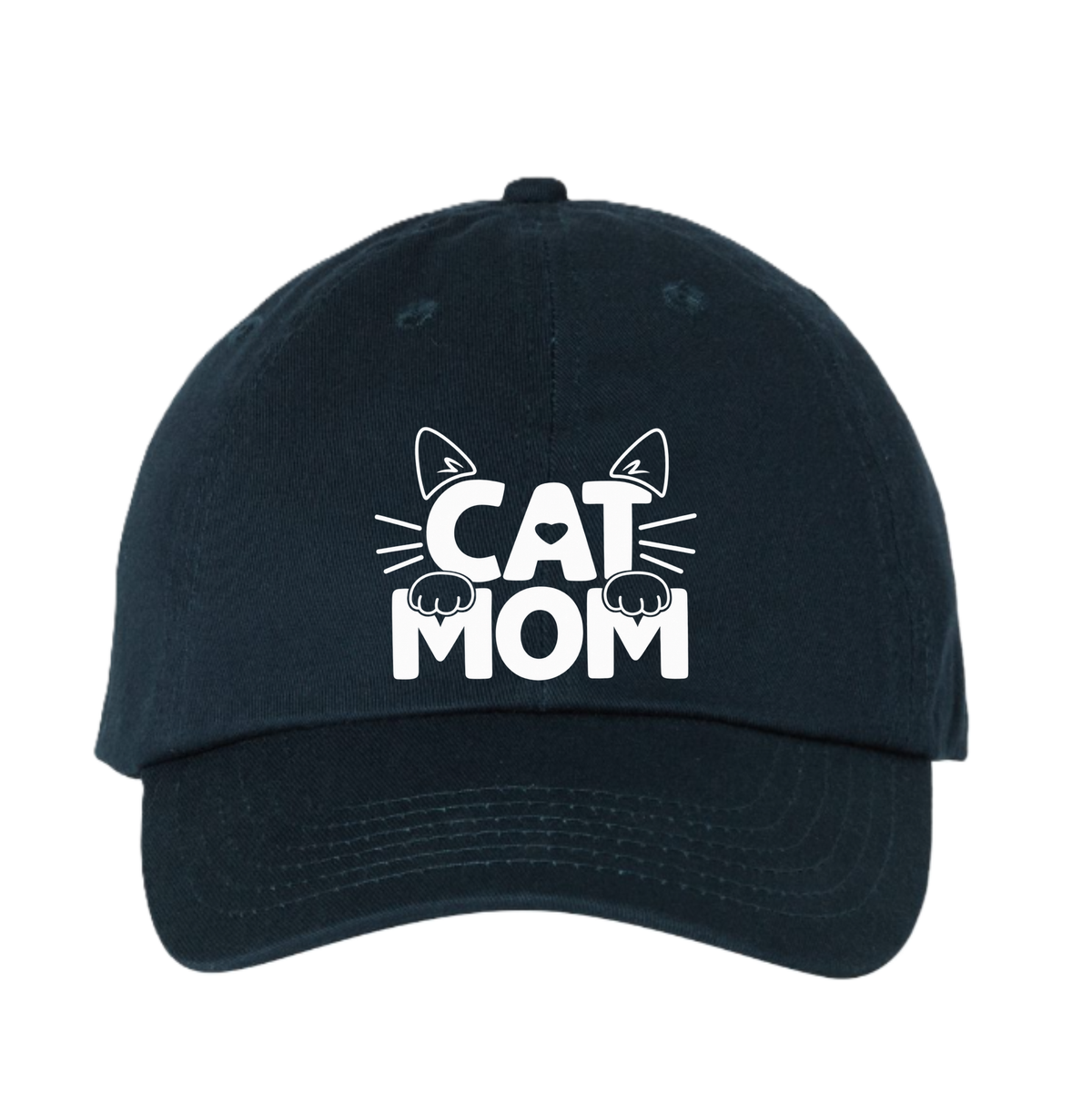 A dark navy blue baseball cap with a white embroidered graphic on the front that reads 'CAT MOM' with cat ears and paws, shown against a plain white background.