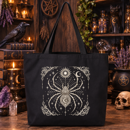 A black canvas tote bag with a white celestial spider design, displayed on a wooden table surrounded by occult-themed props like candles, a raven, crystals, and a skull.