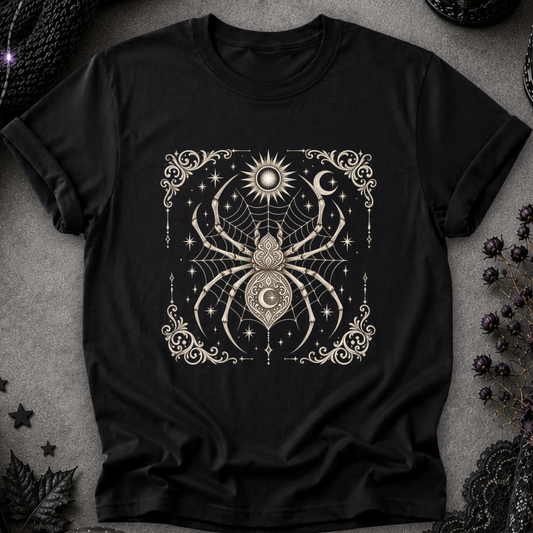 A black short-sleeve t-shirt with a detailed cream-colored gothic graphic of a spider, moon, sun, and stars, laid flat on a textured gray background with dark decorative props.