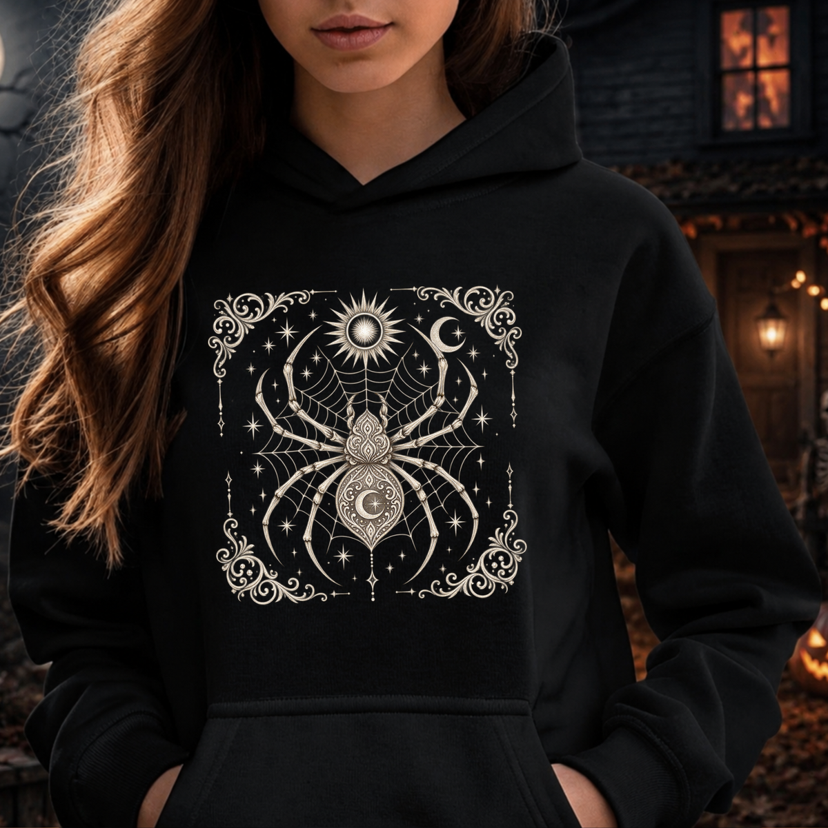 A woman wearing a black pullover hoodie with a large white gothic spider graphic on the chest, set against a dark, atmospheric outdoor background.