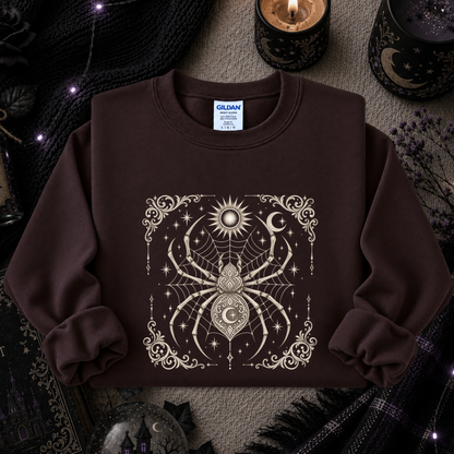 A dark brown crewneck sweatshirt featuring a detailed cream-colored celestial spider graphic on the front, styled in a cozy, dark-themed flat lay with candles, a knit blanket, and occult decor.