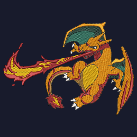 blue background with embroidered pokemon charizard character blowing flames 