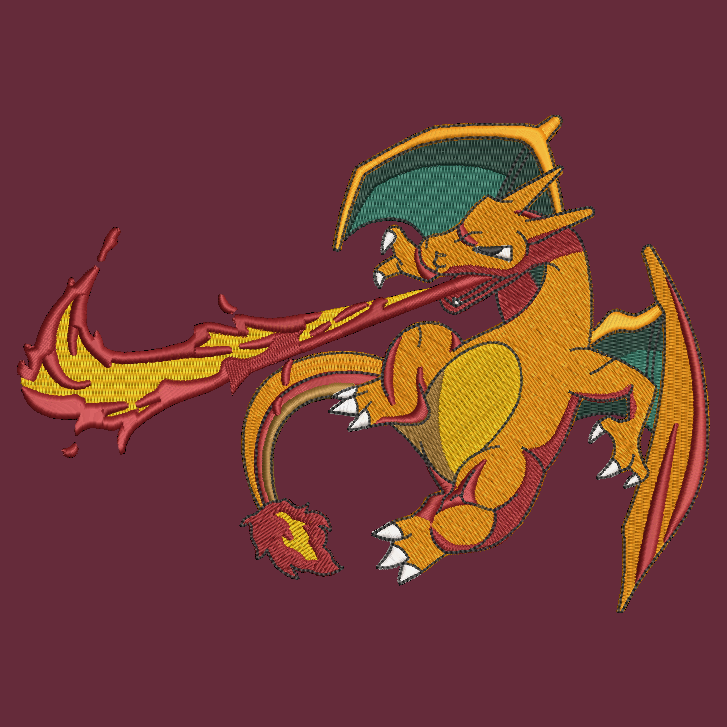 red background with embroidered pokemon charizard character blowing flames 
