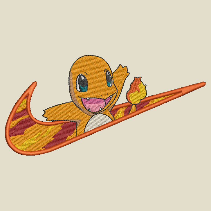 beige background with embroidered design of pokemon charmander on a flaming nike swoosh