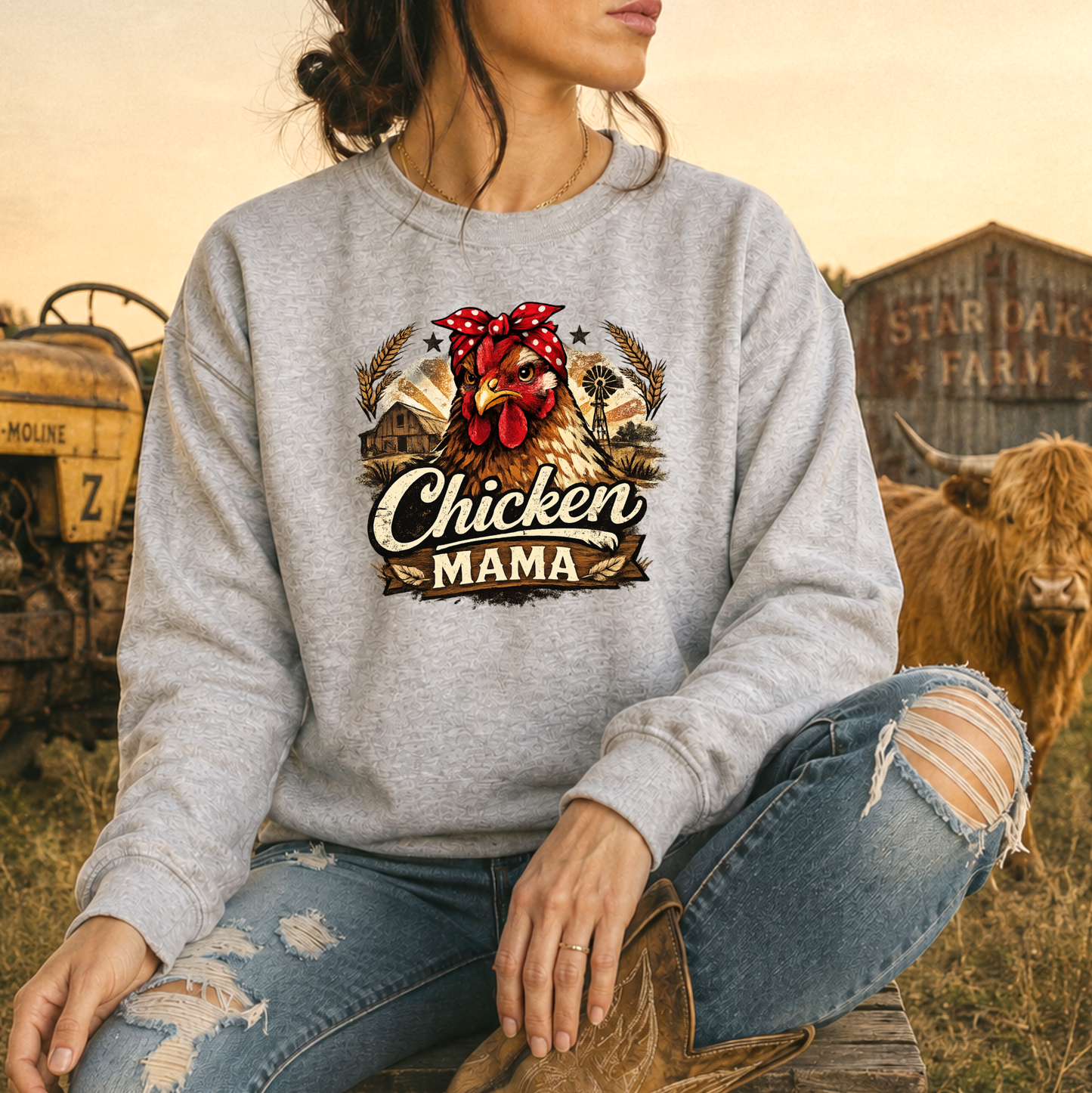 woman wearing a gray sweatshirt with a country farm scene and  a chicken with a bandana on and it says chicken mama