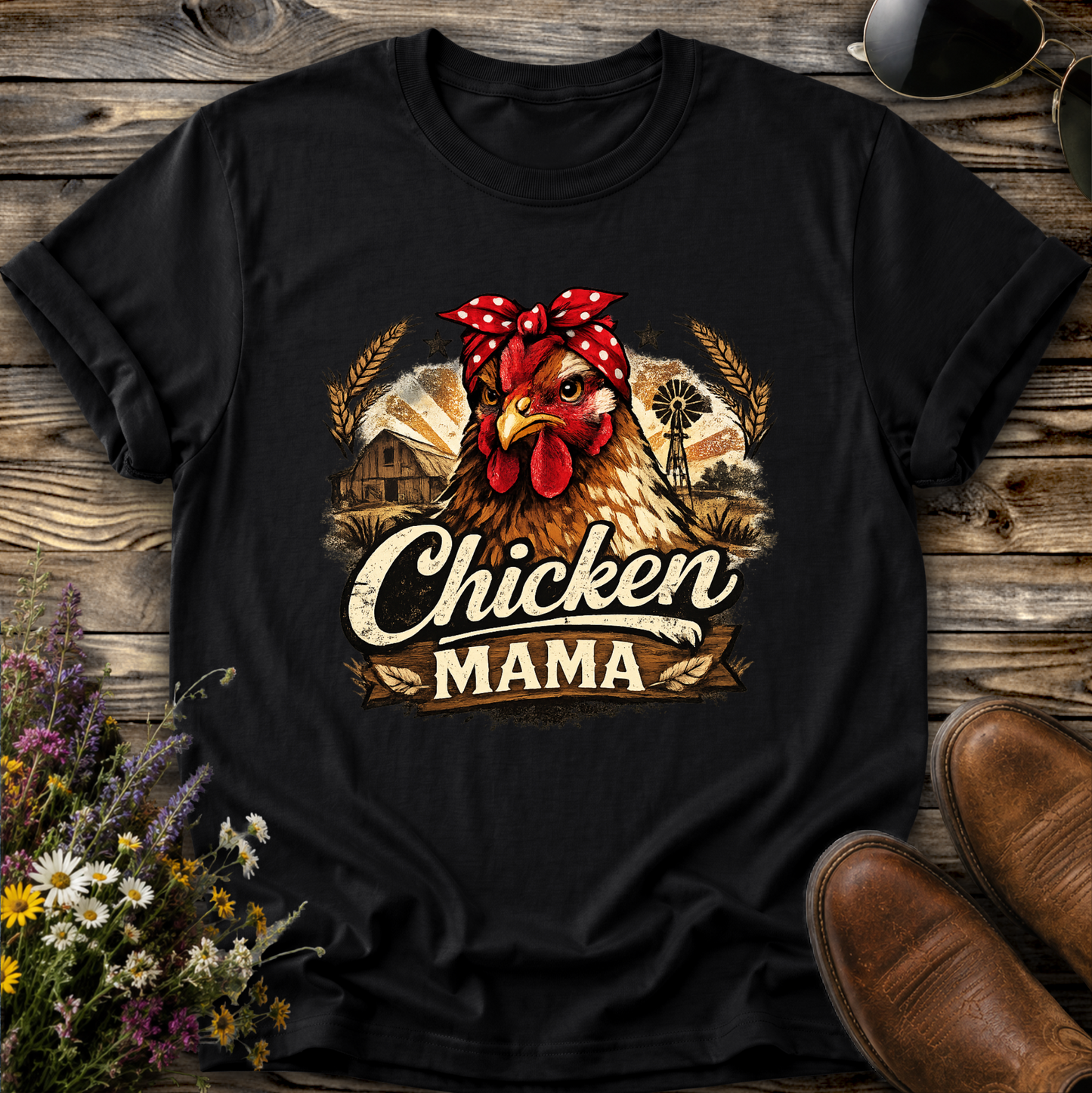 black tshirt with a country farm scene and  a chicken with a bandana on and it says chicken mama