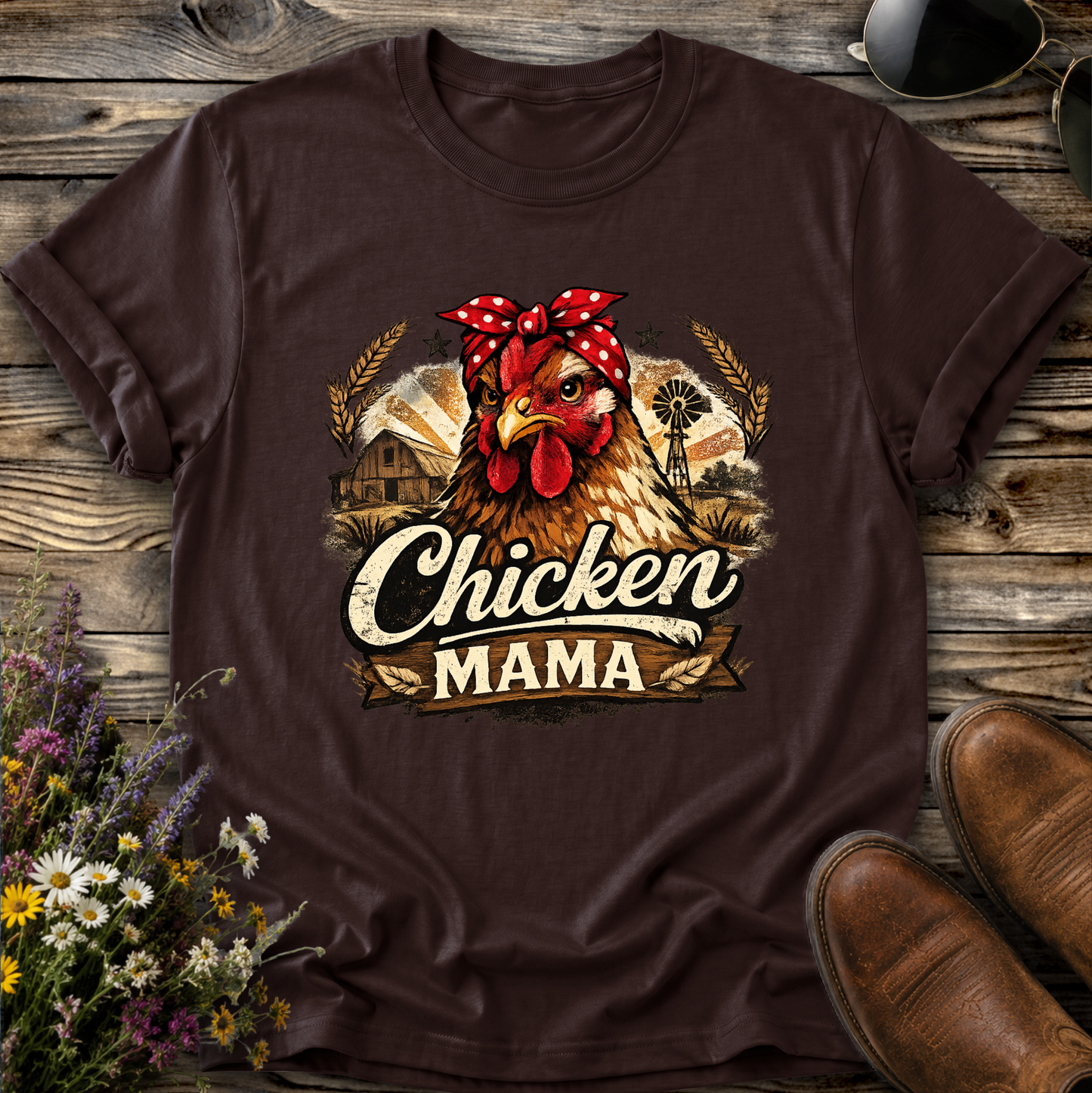dark brown tshirt with a country farm scene and  a chicken with a bandana on and it says chicken mama