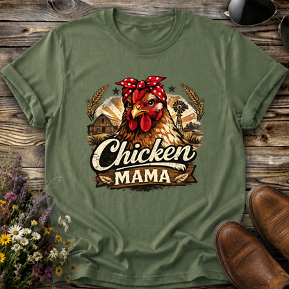 green tshirt with a country farm scene and  a chicken with a bandana on and it says chicken mama