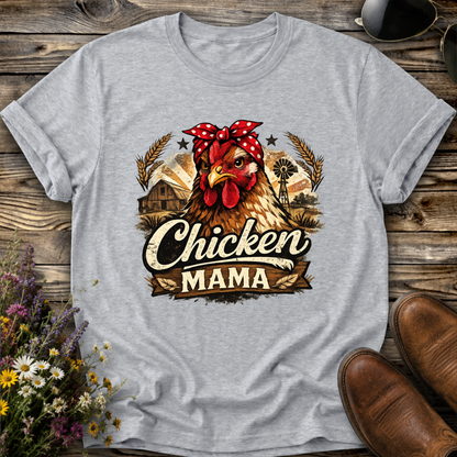gray tshirt with a country farm scene and  a chicken with a bandana on and it says chicken mama