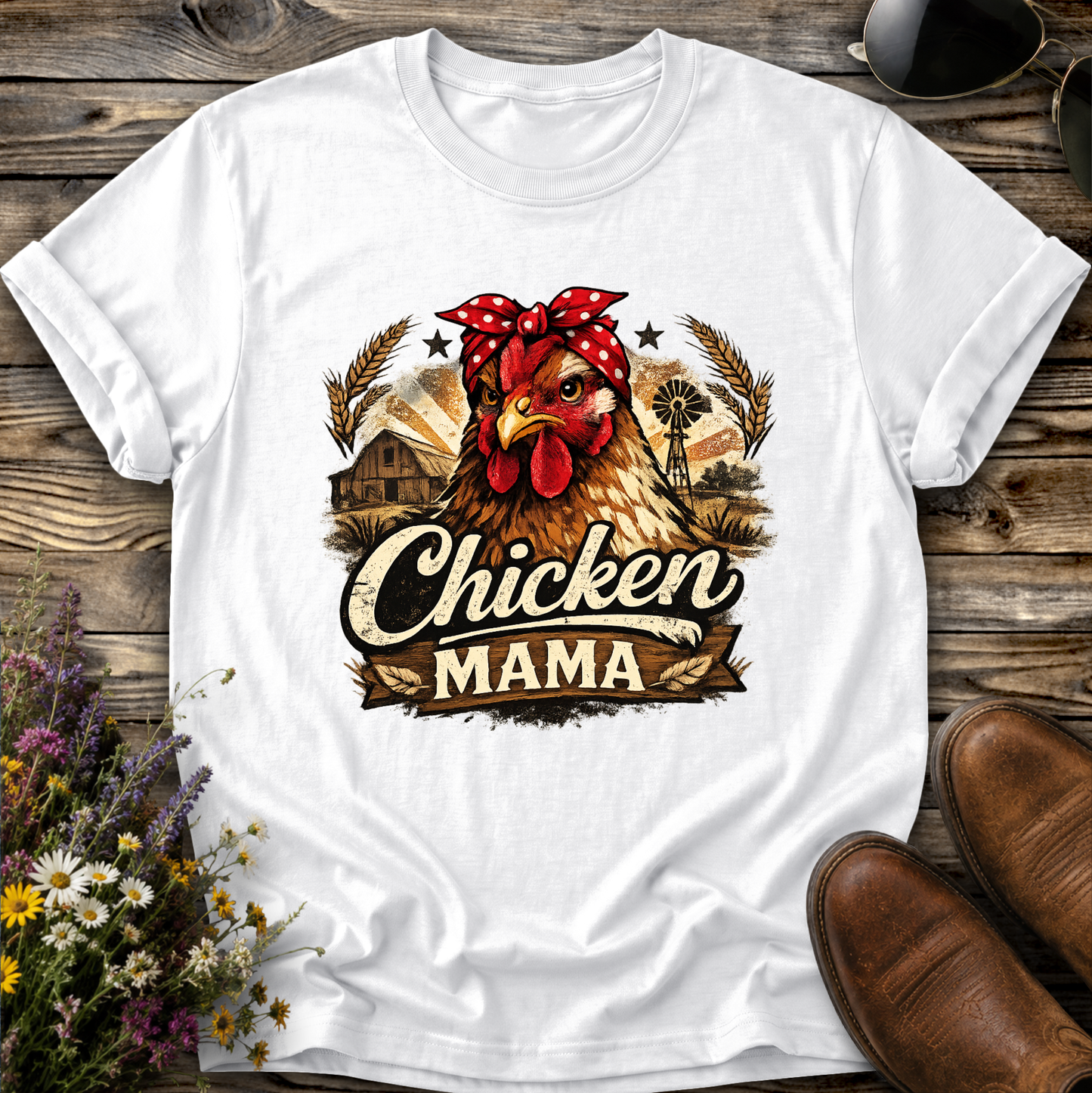 white tshirt with a country farm scene and  a chicken with a bandana on and it says chicken mama