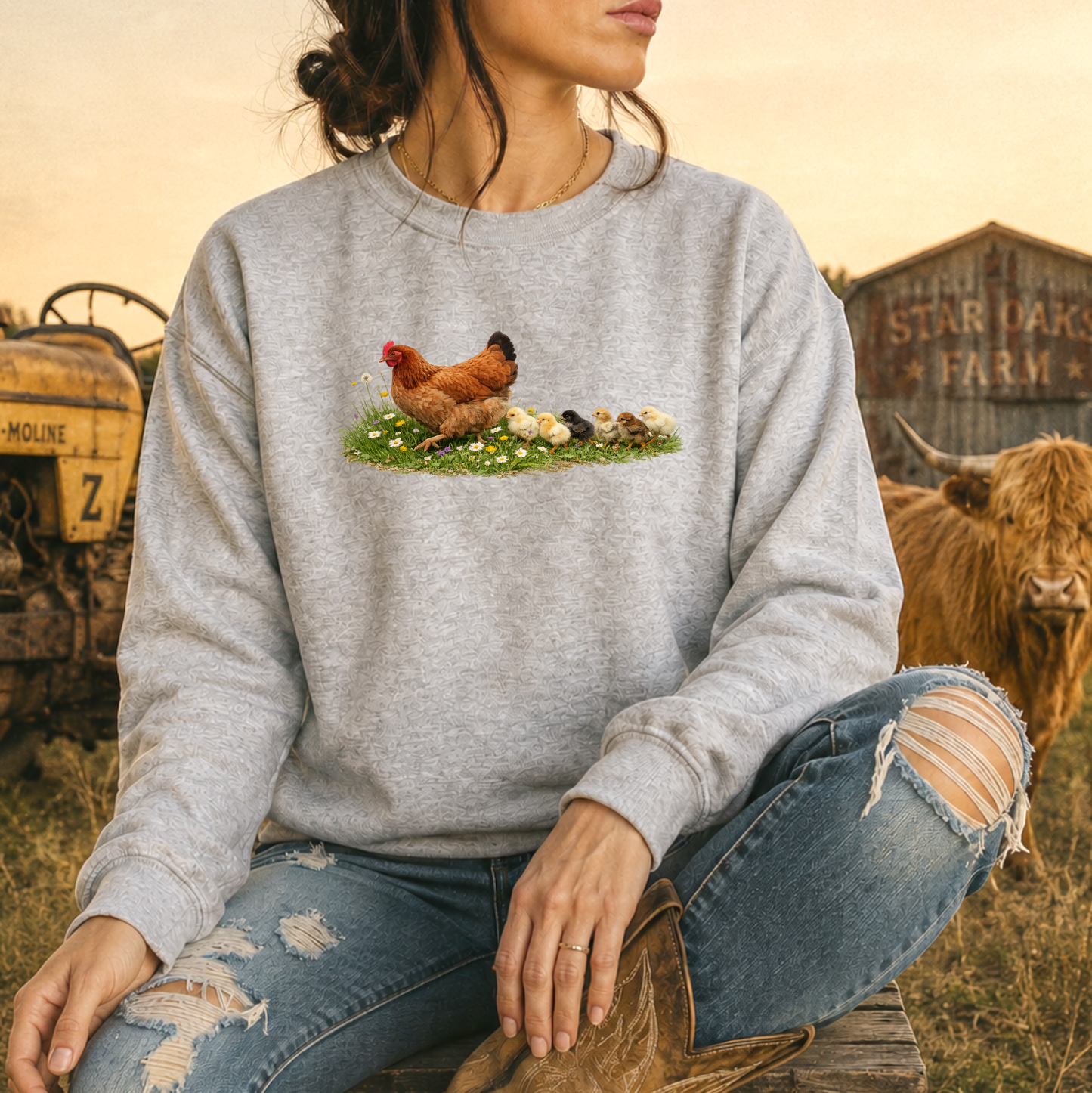 Person wearing a gray sweatshirt with a farm-themed design, sitting in a field with a cow and barn in the background.