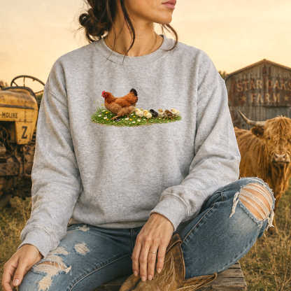 Person wearing a gray sweatshirt with a farm-themed design, sitting in a field with a cow and barn in the background.