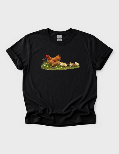 Chicken Graphic Tee T-shirt or Sweatshirt ADULT Unisex Hoodie / Crewneck Hen With Baby Chicks Following Farm Animal Lover Gift