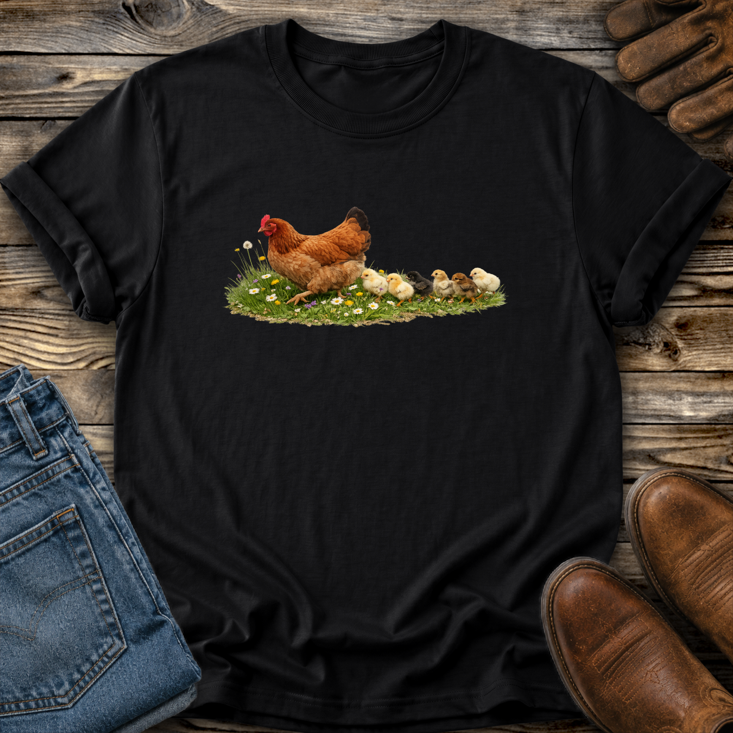 Black t-shirt with a chicken and chicks design on a wooden surface with jeans and boots.
