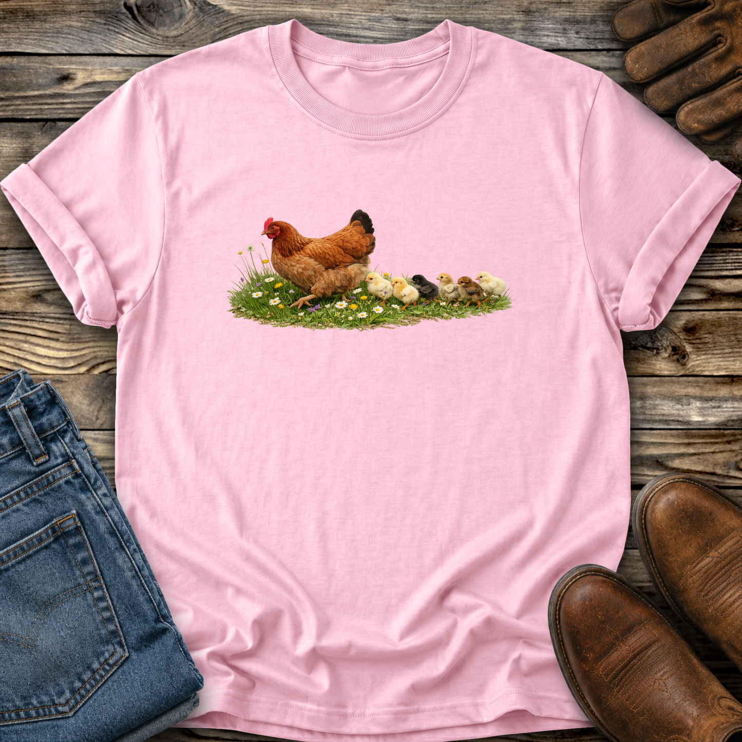 Pink t-shirt with a chicken and chicks graphic on a wooden surface with jeans and boots.