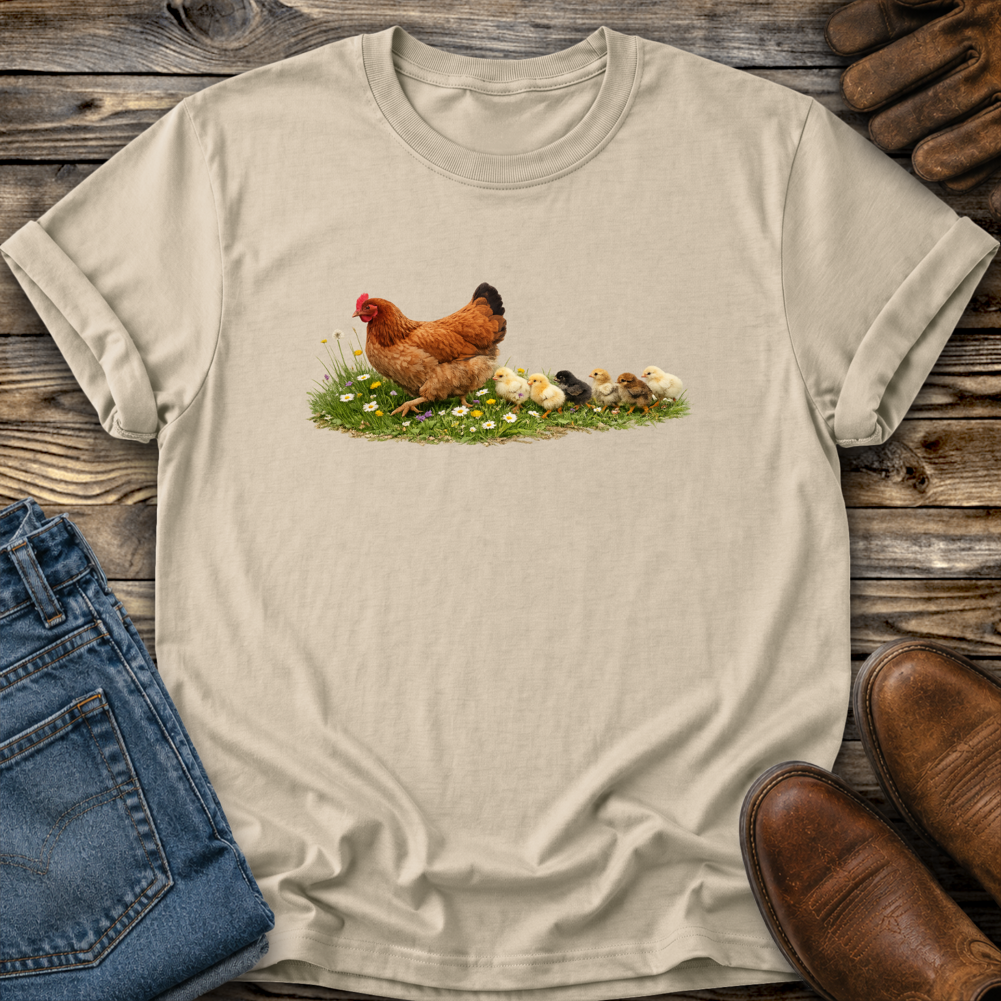 Beige t-shirt with a chicken and chicks graphic on a wooden surface with jeans and boots.