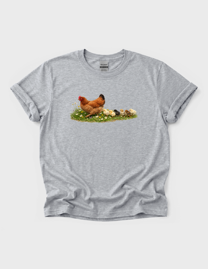 Chicken Graphic Tee T-shirt or Sweatshirt ADULT Unisex Hoodie / Crewneck Hen With Baby Chicks Following Farm Animal Lover Gift