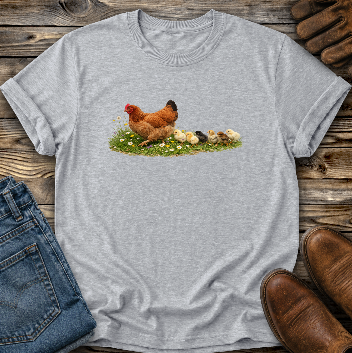 Gray t-shirt with a chicken and chicks graphic on a wooden surface with jeans and boots.