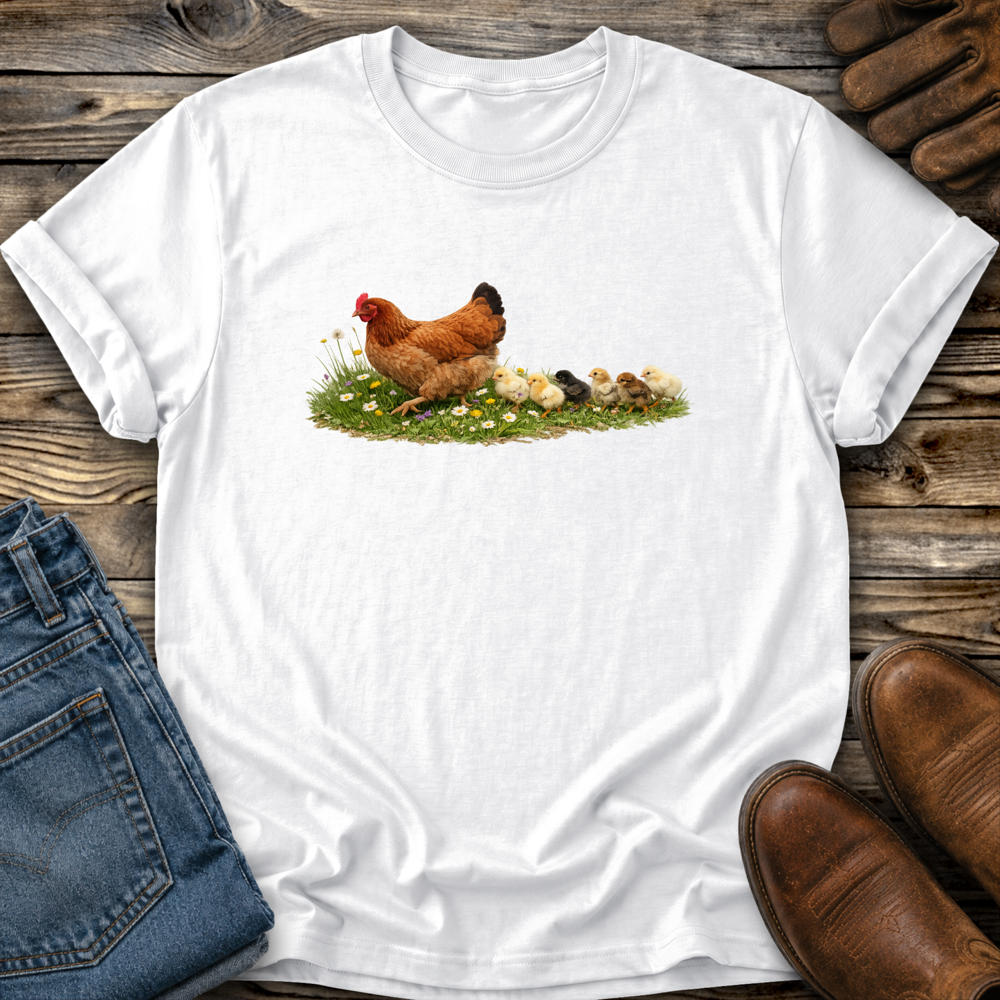 White t-shirt with a chicken and chicks graphic on a wooden surface with jeans and boots.